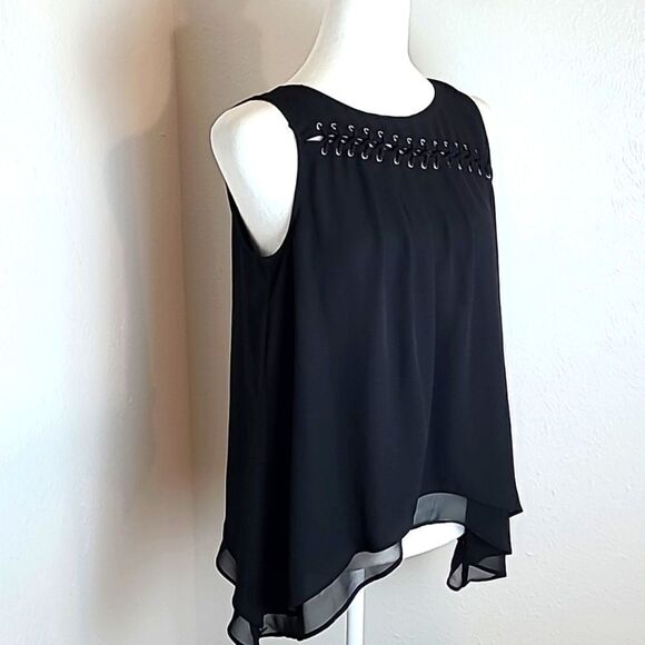 Jennifer Lopez Black Layered Top, Aysemetrical Lace-up Embellishment, Sz Small - Picture 7 of 9